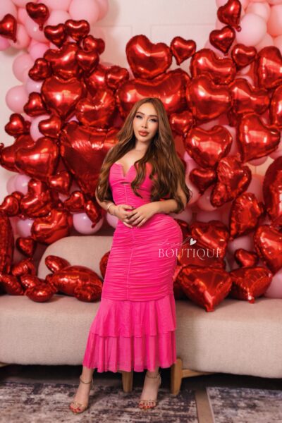 Vestido rosa maxi Mesh pliegue