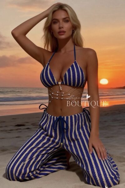 Conjunto azul traje de baño con pantalón