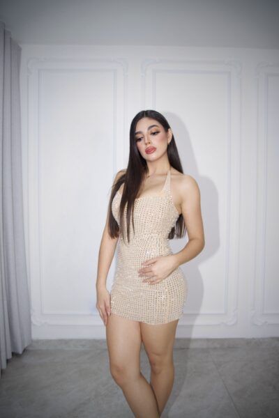 Vestido beige brillos nude