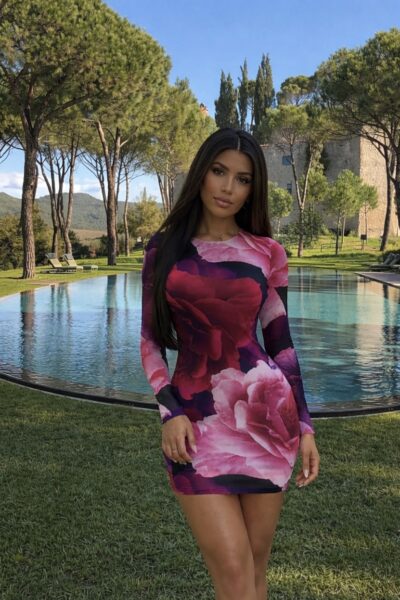 Vestido morado flores licra con Mesh