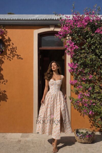 Vestido flores blanco y naranja