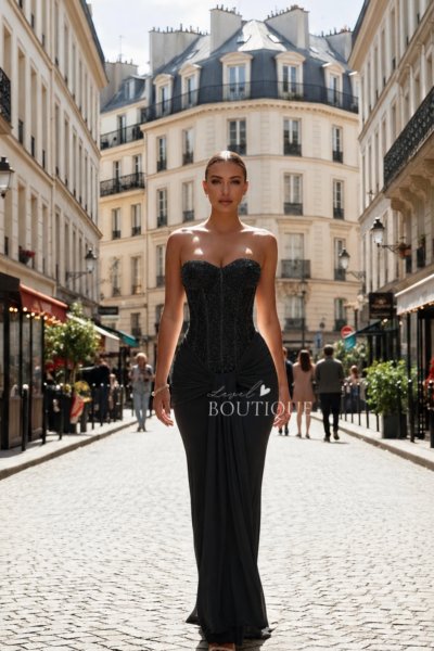 Vestido negro Straple licra y perlas