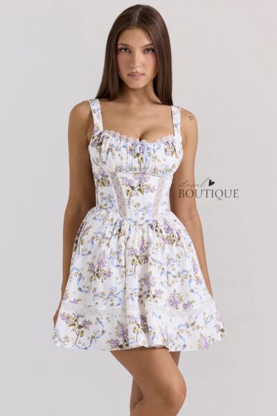 Vestido blanco flores lila corto